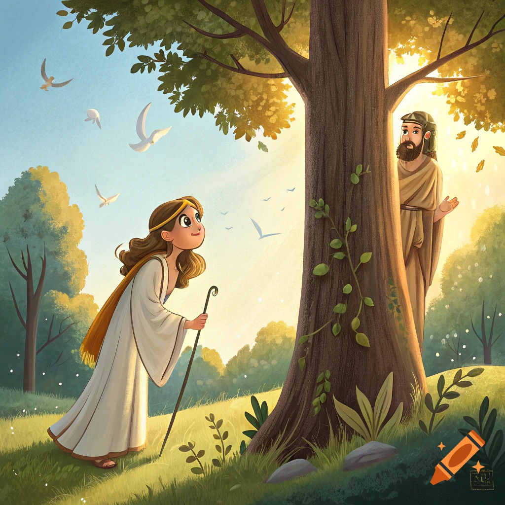 Illustration of a young person with a staff looking at a man behind a tree in a sunlit forest.