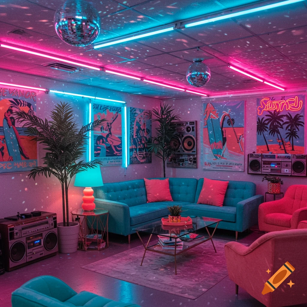 An 1980s style room with neon lights, disco balls, posters, teal sofa, and pink chairs.