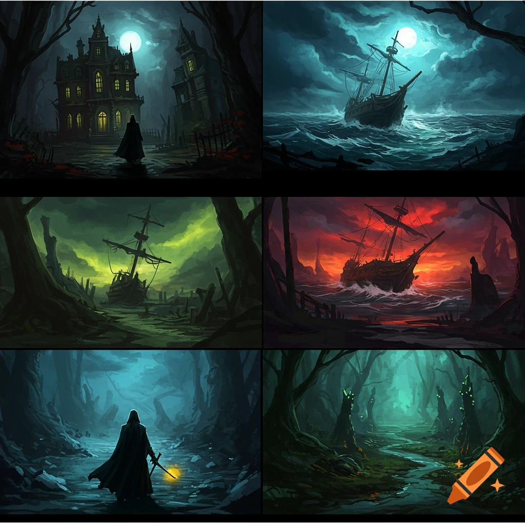 A grid of six images depicting dark and mysterious fantasy scenes, including a haunted house, stormy seas, shipwrecks, and figures in forests.