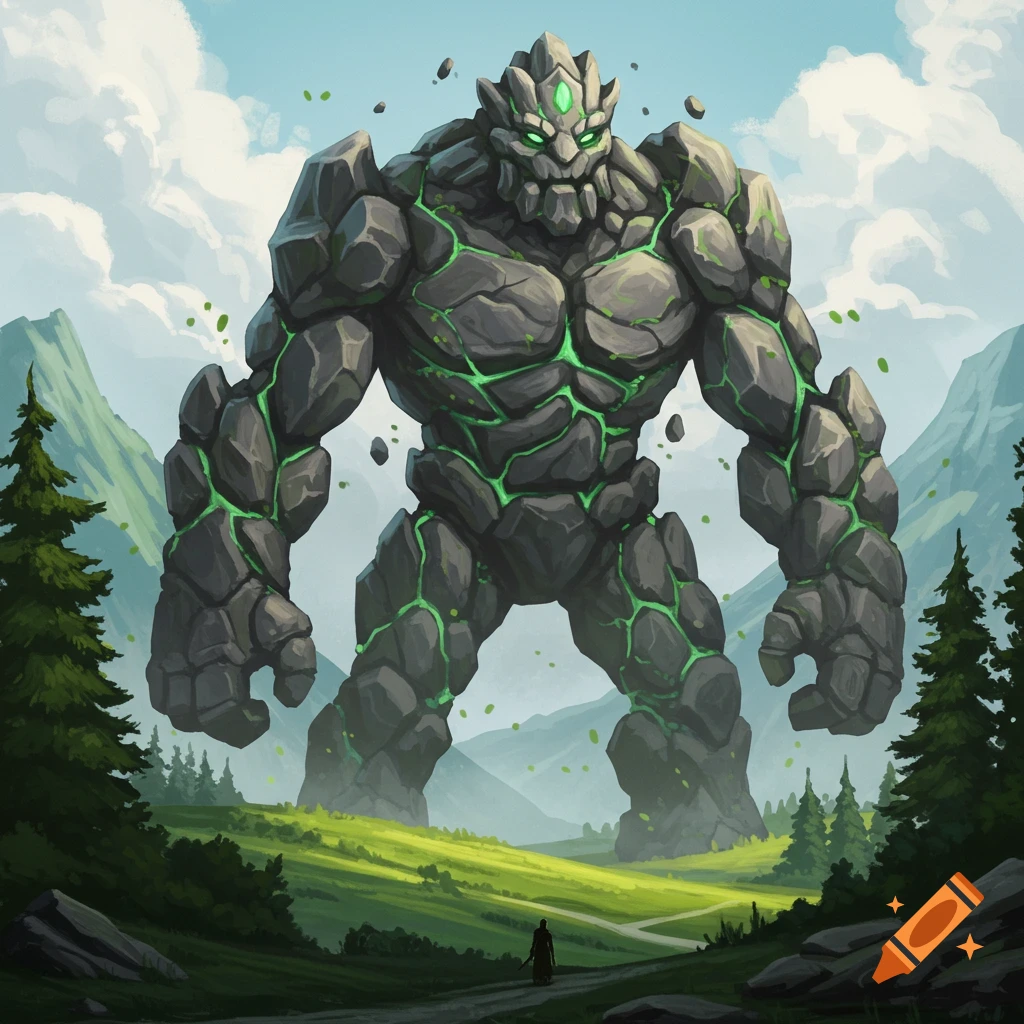 Large rocky earth elemental in a mountain valley.