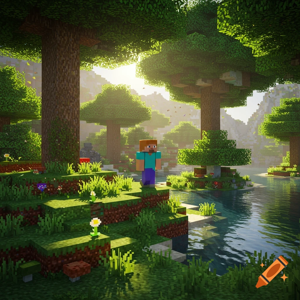 Steve stands in a realistic Minecraft landscape with trees, water, and sunlight.