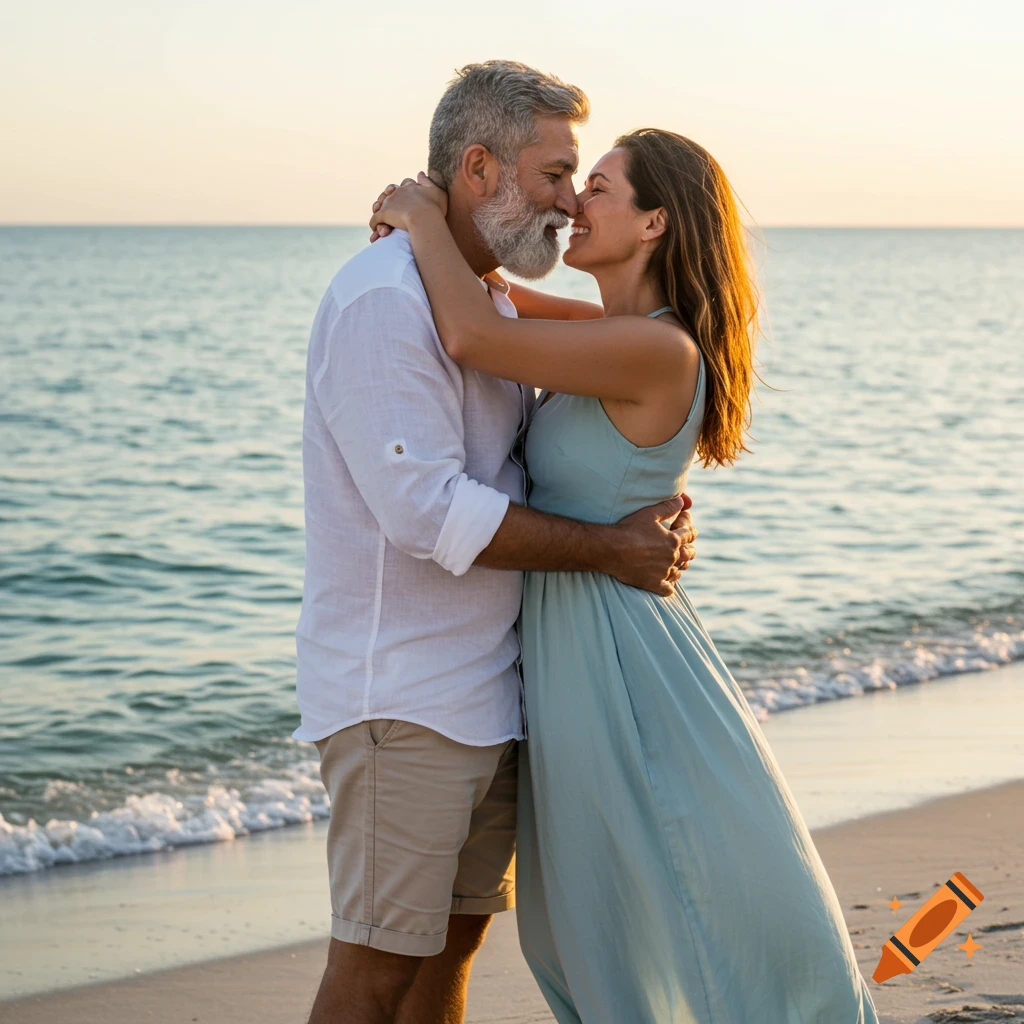 A couple hugs and kisses on a beach at sunset.