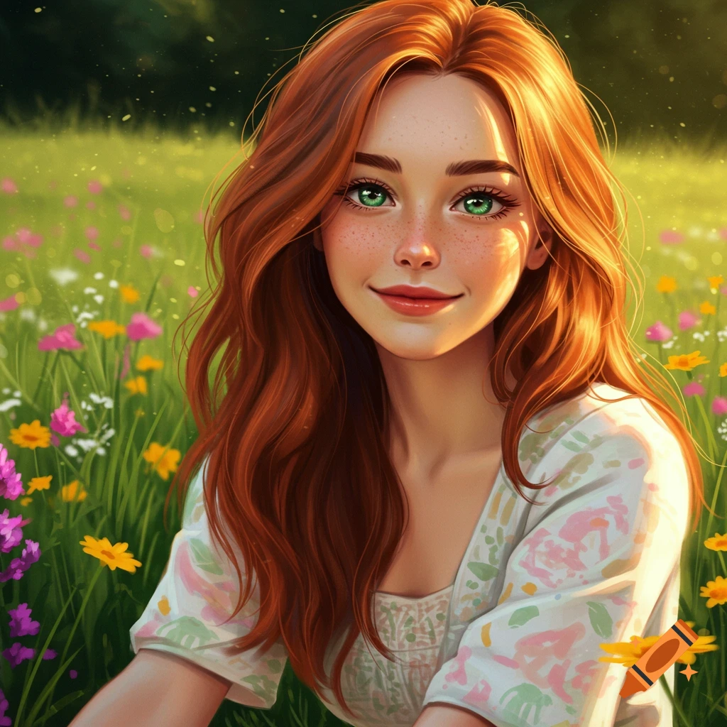 A smiling woman with red hair and freckles is sitting in a sunny flower field.