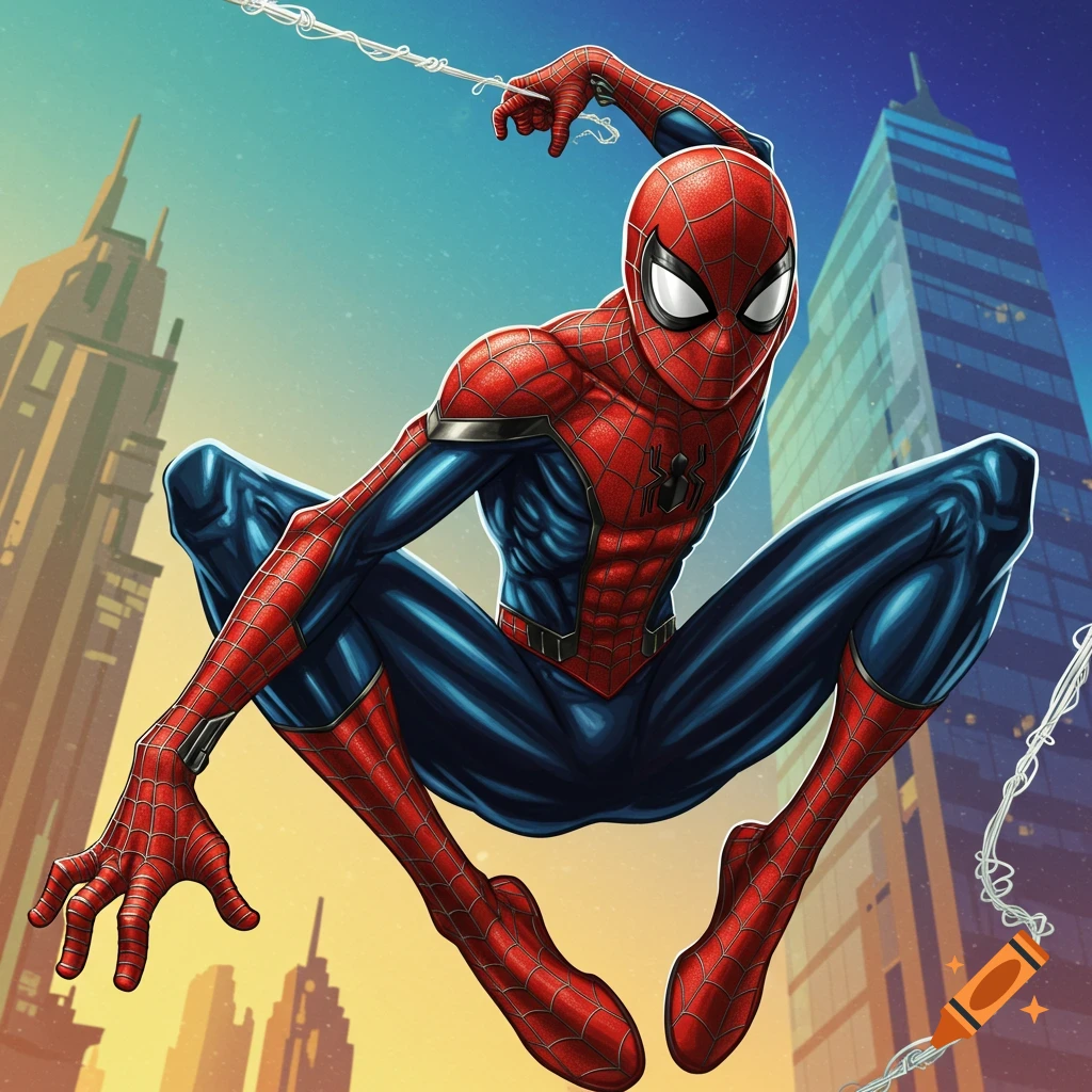 Spider-Man leaping through a city.