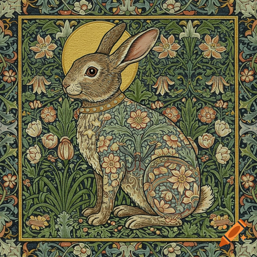 A vintage illustration of a rabbit covered in floral patterns in the style of William Morris.