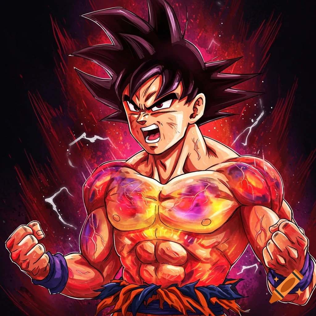 Goku powering up with intense energy effects on his body.