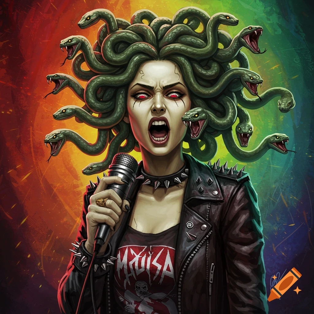 Medusa as a heavy metal singer with snake hair, screaming into a microphone.