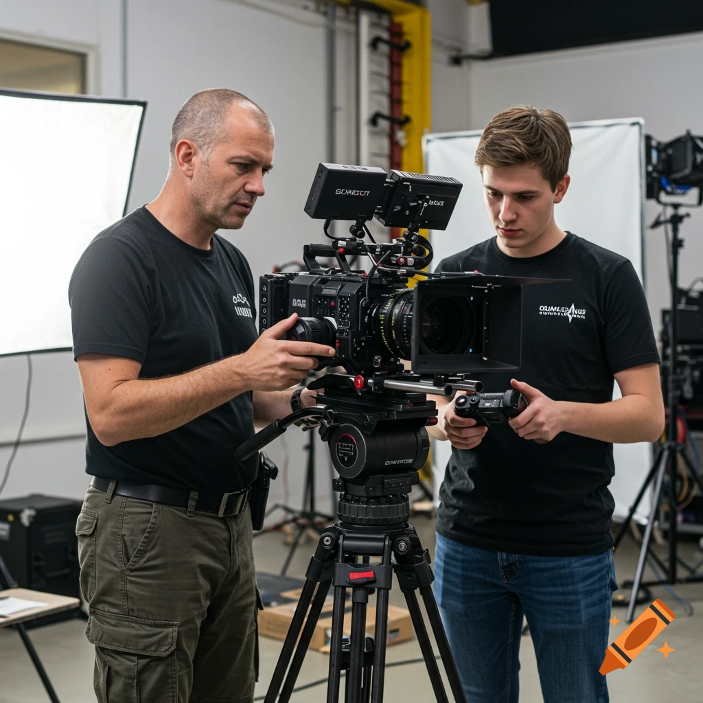 Two men adjusting a professional video camera on a tripod in a studio.