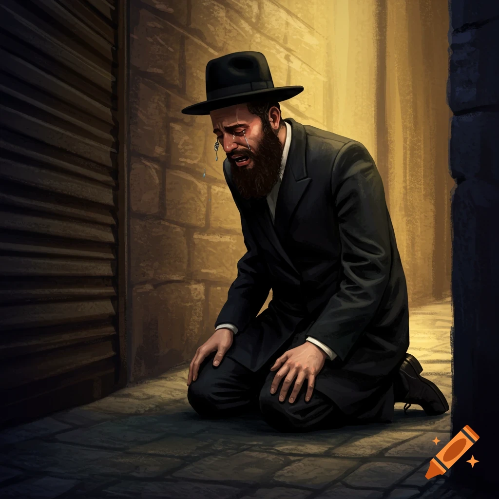 An Orthodox Jewish man crying and kneeling in an alley.