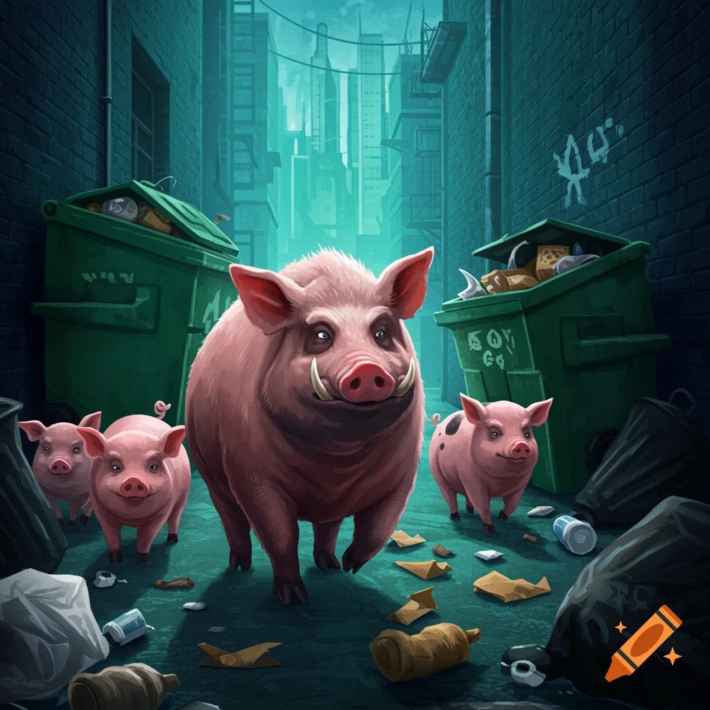 A group of pink pigs, including a large boar, walk through a trash-filled city alley past dumpsters in a vibrant image.