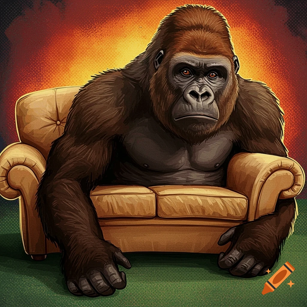 A large gorilla sitting on a couch in a pop-art style.