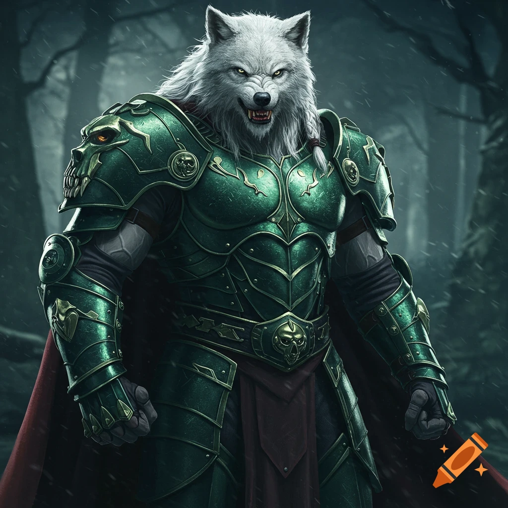 A muscular white wolf-man in intricate green armor and a red cape stands in a dark, snowy forest.