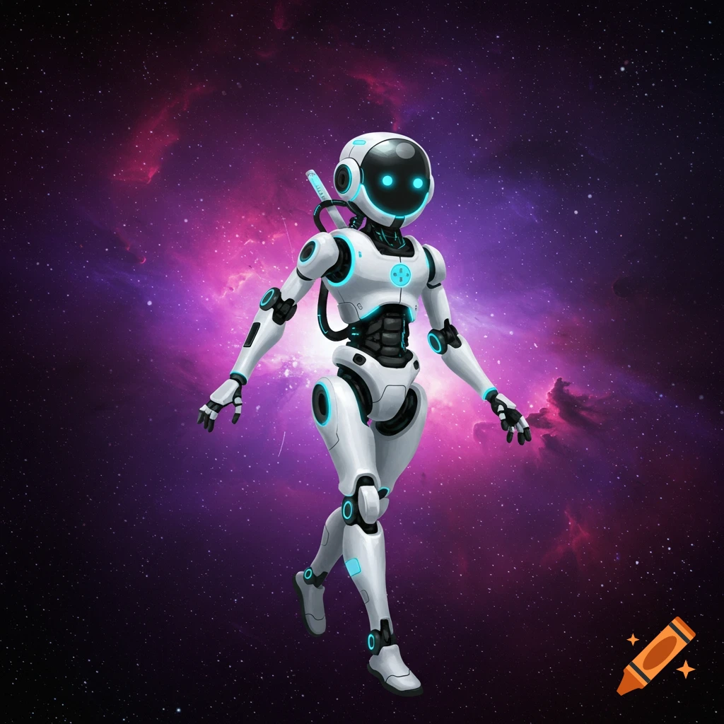 A white and blue robot floats in space.