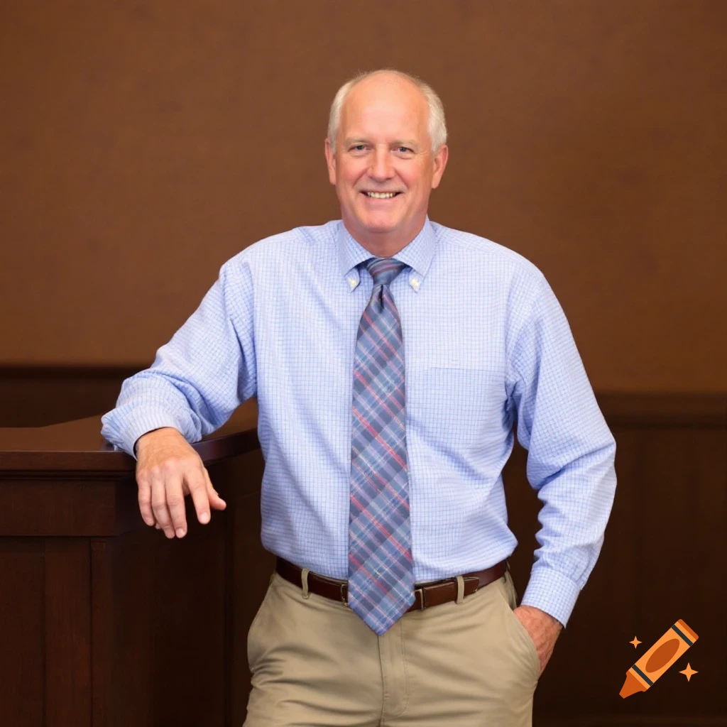 A man in a blue plaid shirt and tie smiles while leaning on a wooden counter.