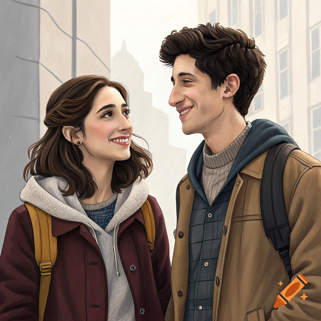 Illustration of a young man and woman smiling and looking at each other, wearing jackets and backpacks outdoors.