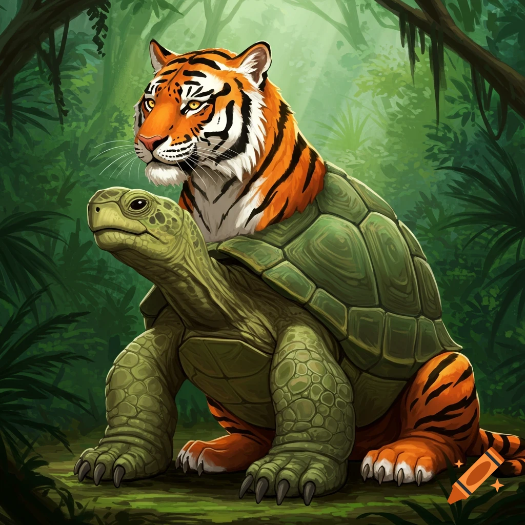 A tiger and turtle hybrid creature sits in a jungle clearing.