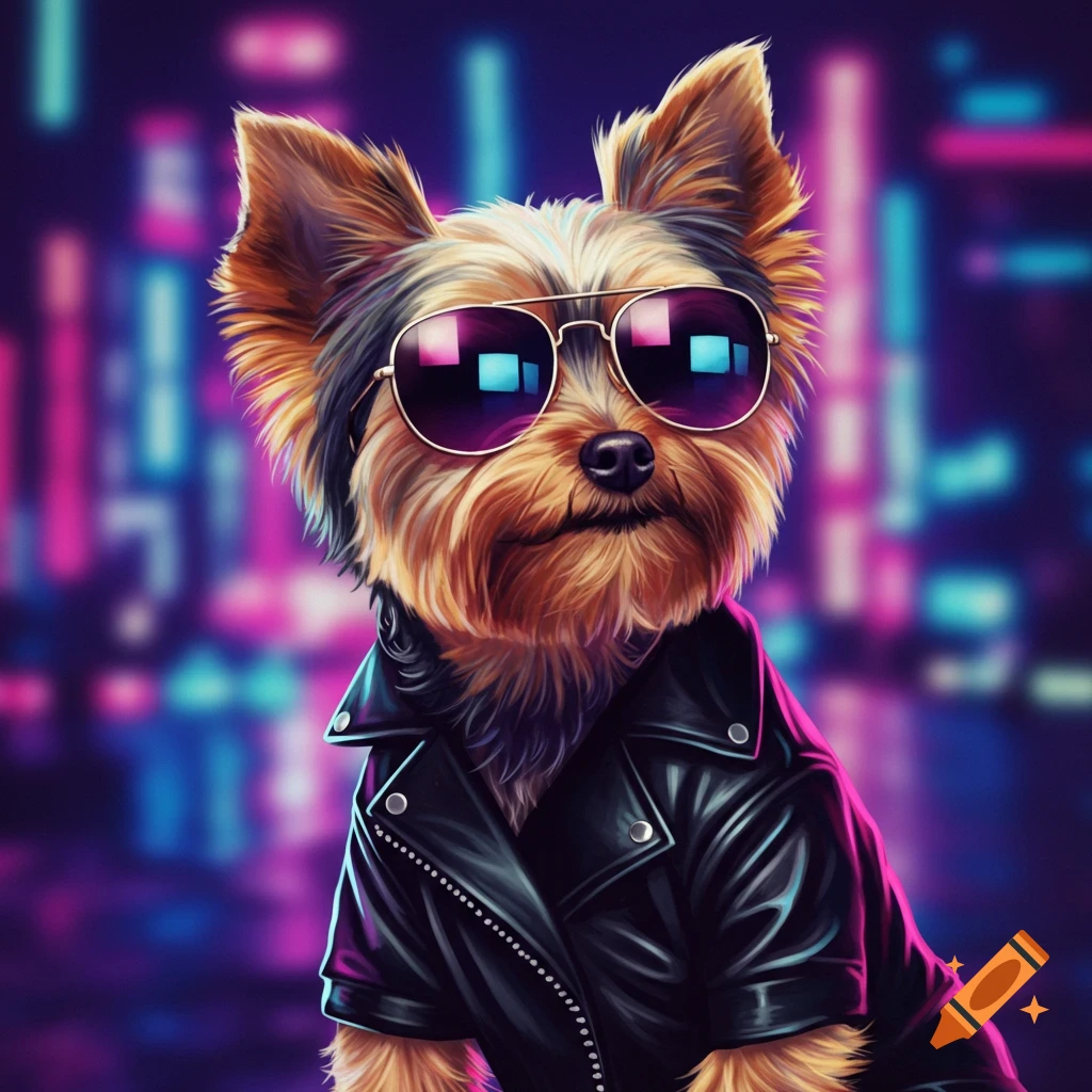 A Yorkshire Terrier wearing sunglasses and a leather jacket against a neon city background.