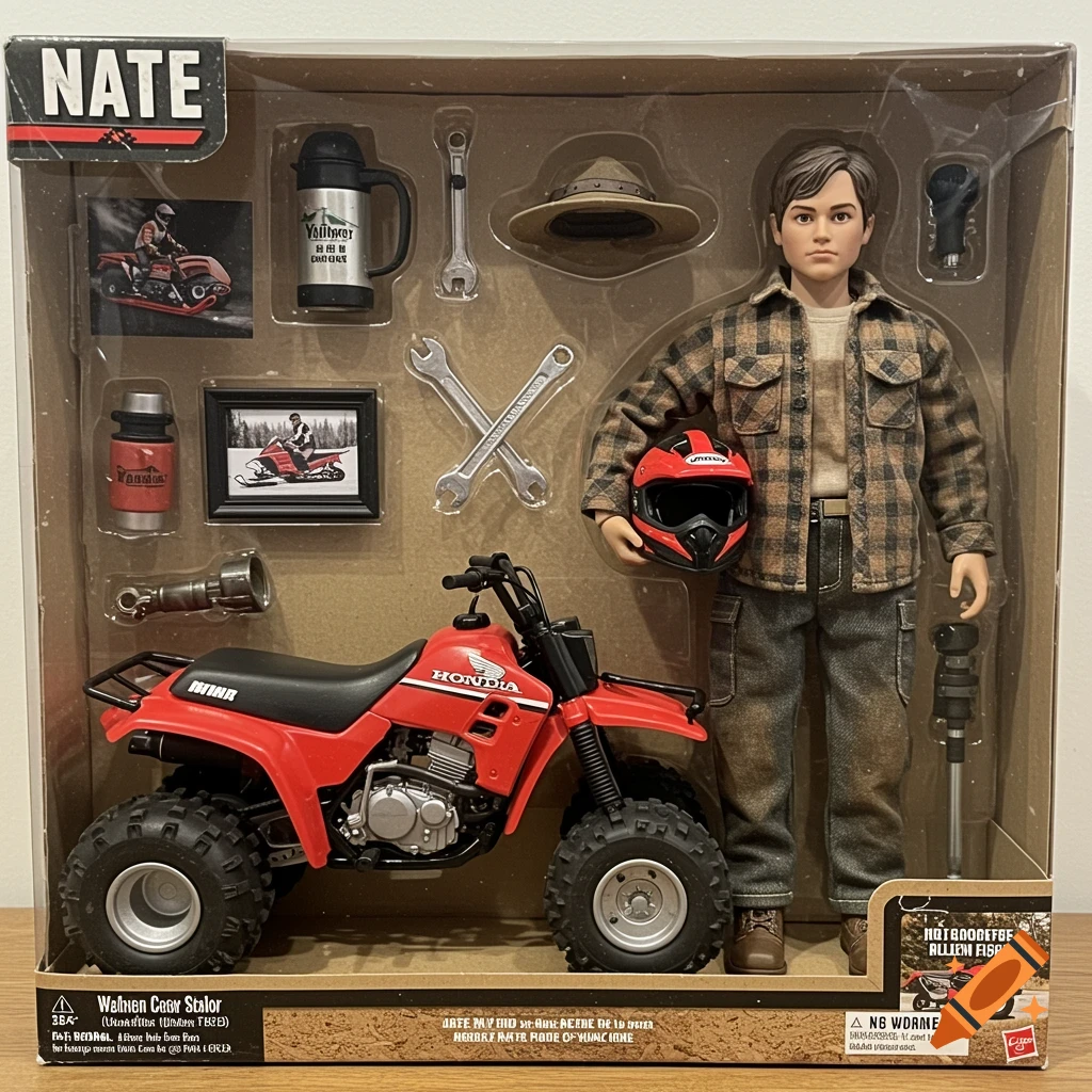 Action figure named Nate in box with red 3-wheeler and accessories
