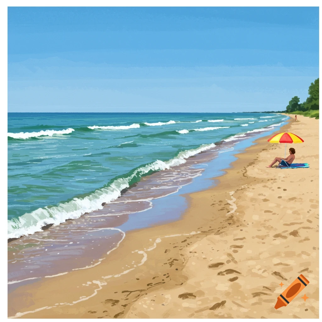 A person relaxing under a colorful umbrella on a sandy beach next to rolling ocean waves.