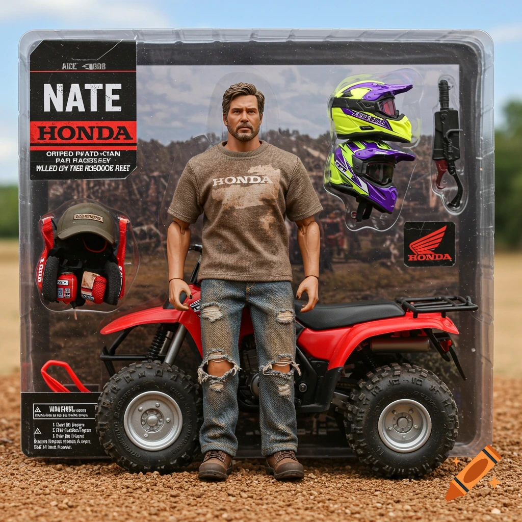 A rugged action figure named Nate in box packaging with a red ATV, helmet, and accessories in a photorealistic style.