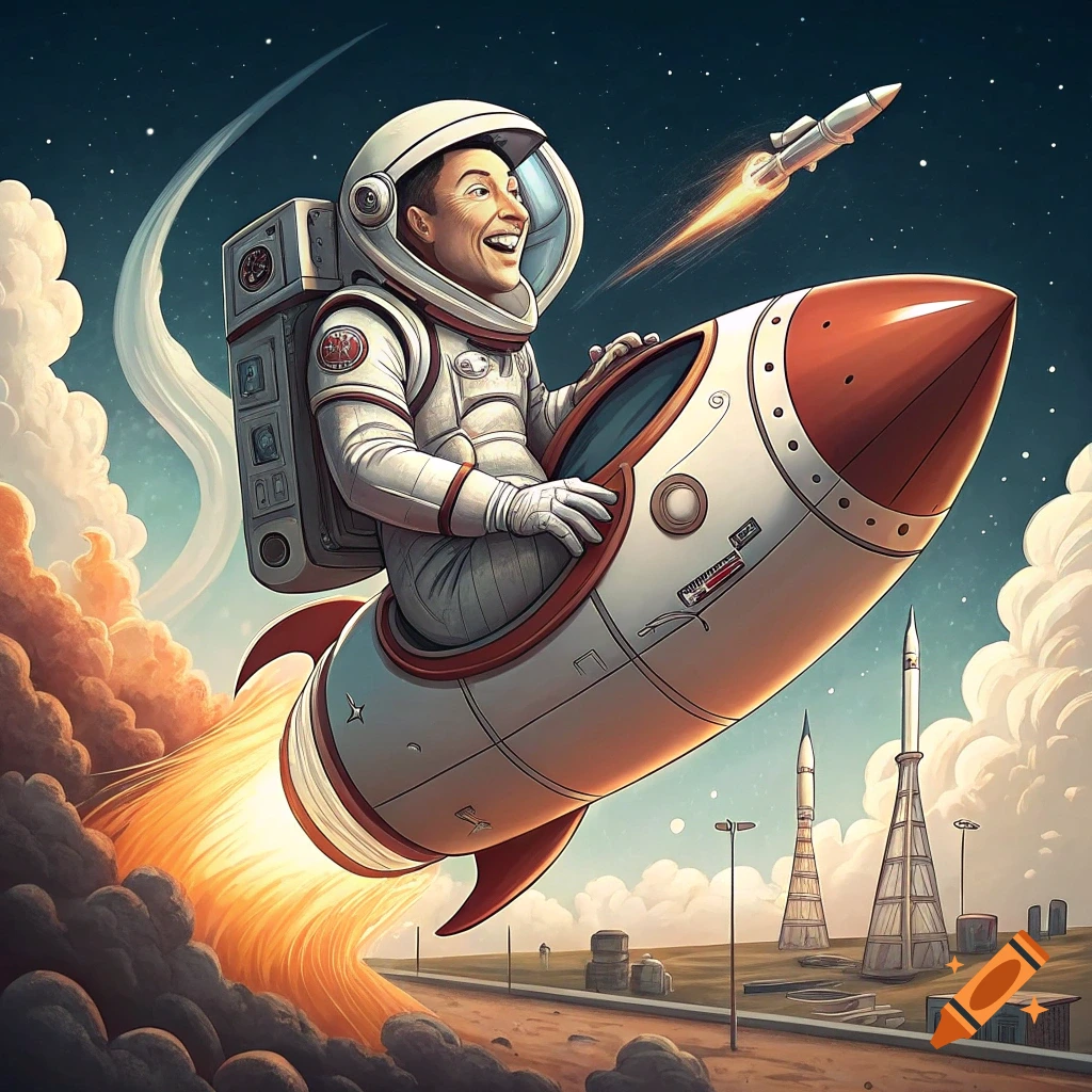 Cartoon illustration of a person riding a rocket launching from a base below.