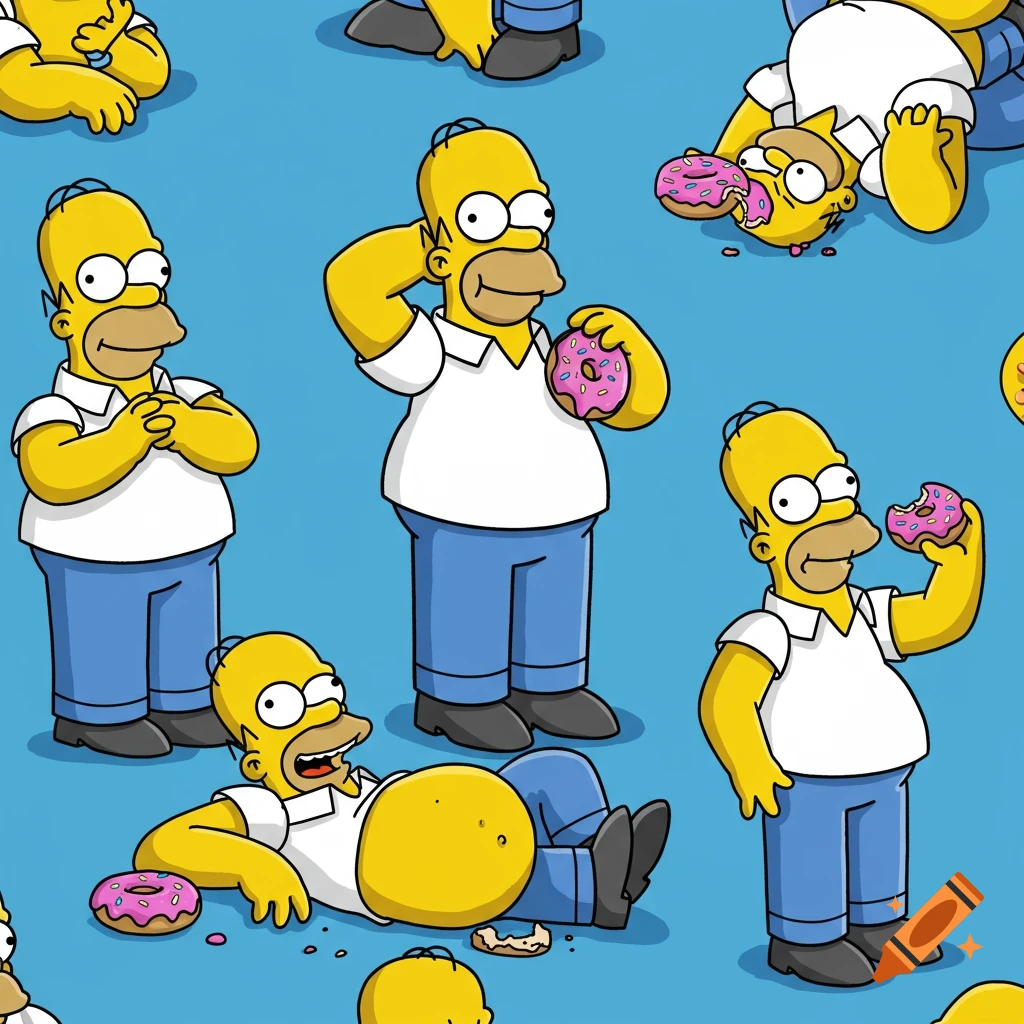 A seamless cartoon pattern of Homer Simpson characters in various poses, many eating pink donuts, on a blue background.