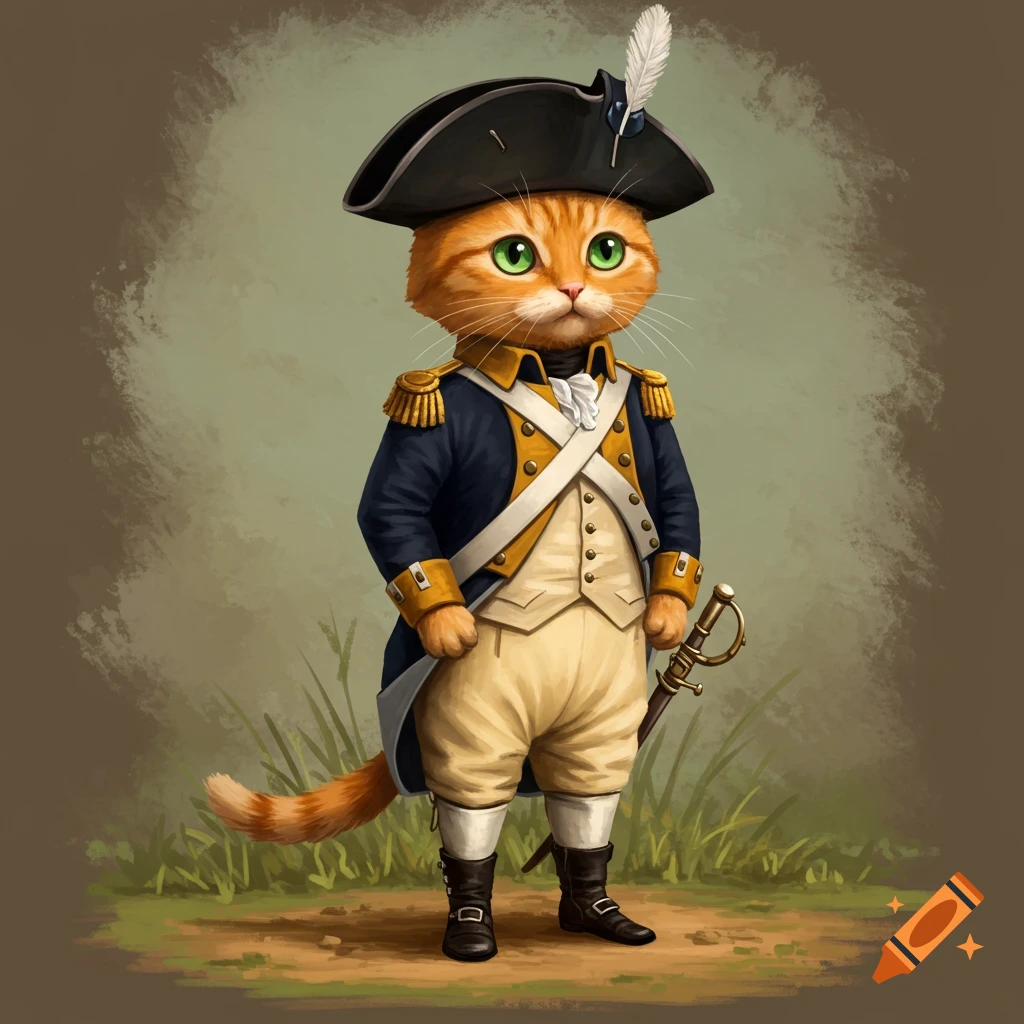 A cat dressed as a Continental soldier stands in a field.
