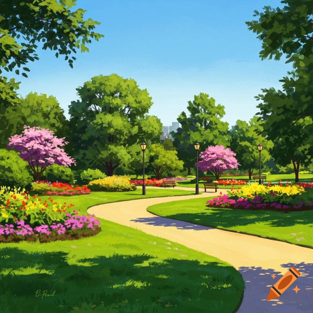 A bright image of a park scene with a winding path, benches, green grass, trees, and colorful flower beds under a clear blue sky.
