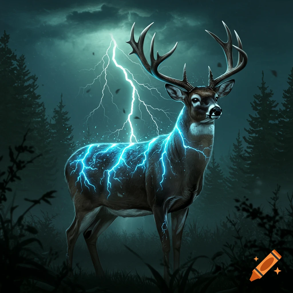 A deer in a dark forest with lightning on its back and behind it