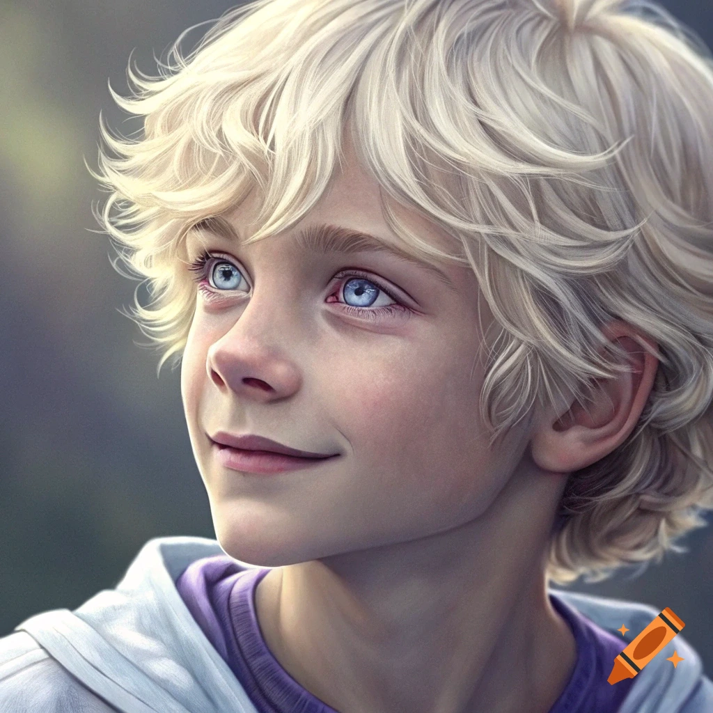 Close-up portrait of a young boy with blonde hair and blue eyes smiling