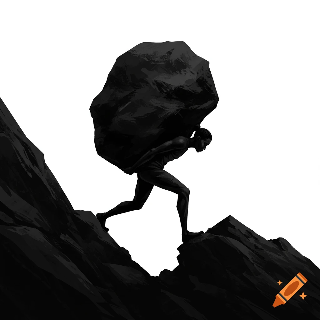 A black and white image of a person carrying a large rock on their back up a mountain path.