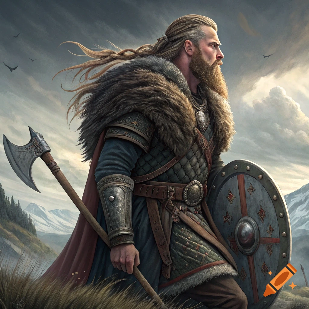 Viking warrior with axe and shield in a mountainous landscape