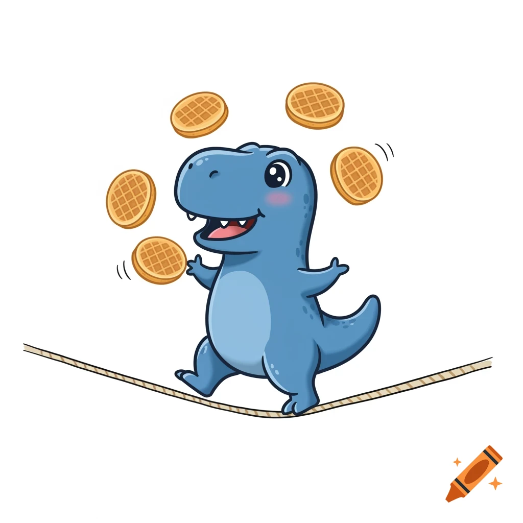 A cute blue cartoon dinosaur juggles waffles while balancing on a tightrope.