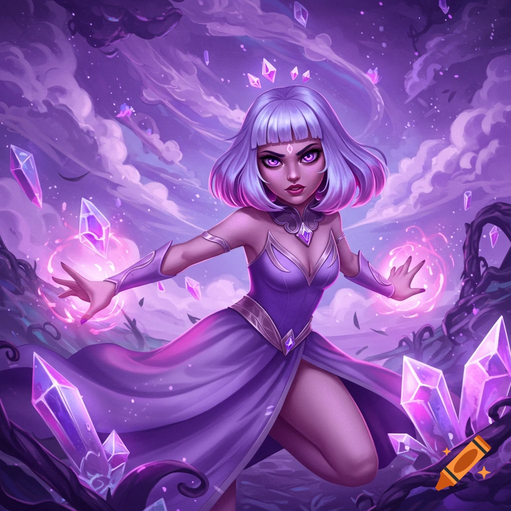 A powerful girl with purple hair and dress casting purple magic among large crystals under a cloudy sky.
