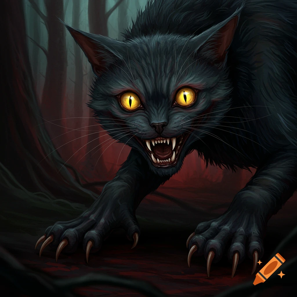 A scary black cat with glowing yellow eyes and bared fangs is in a dark forest.