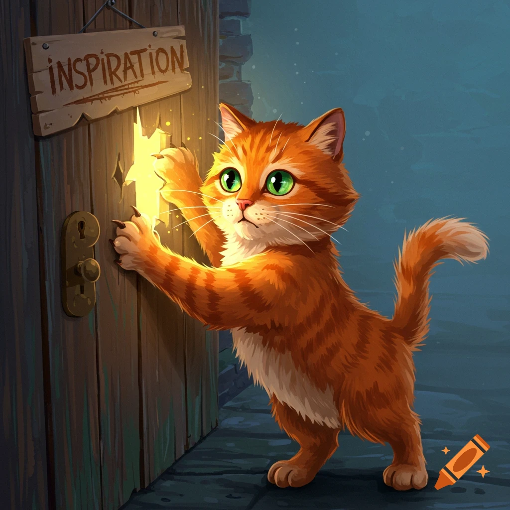 an-orange-cat-with-green-eyes-scratches-at-a-door-labeled-inspiration