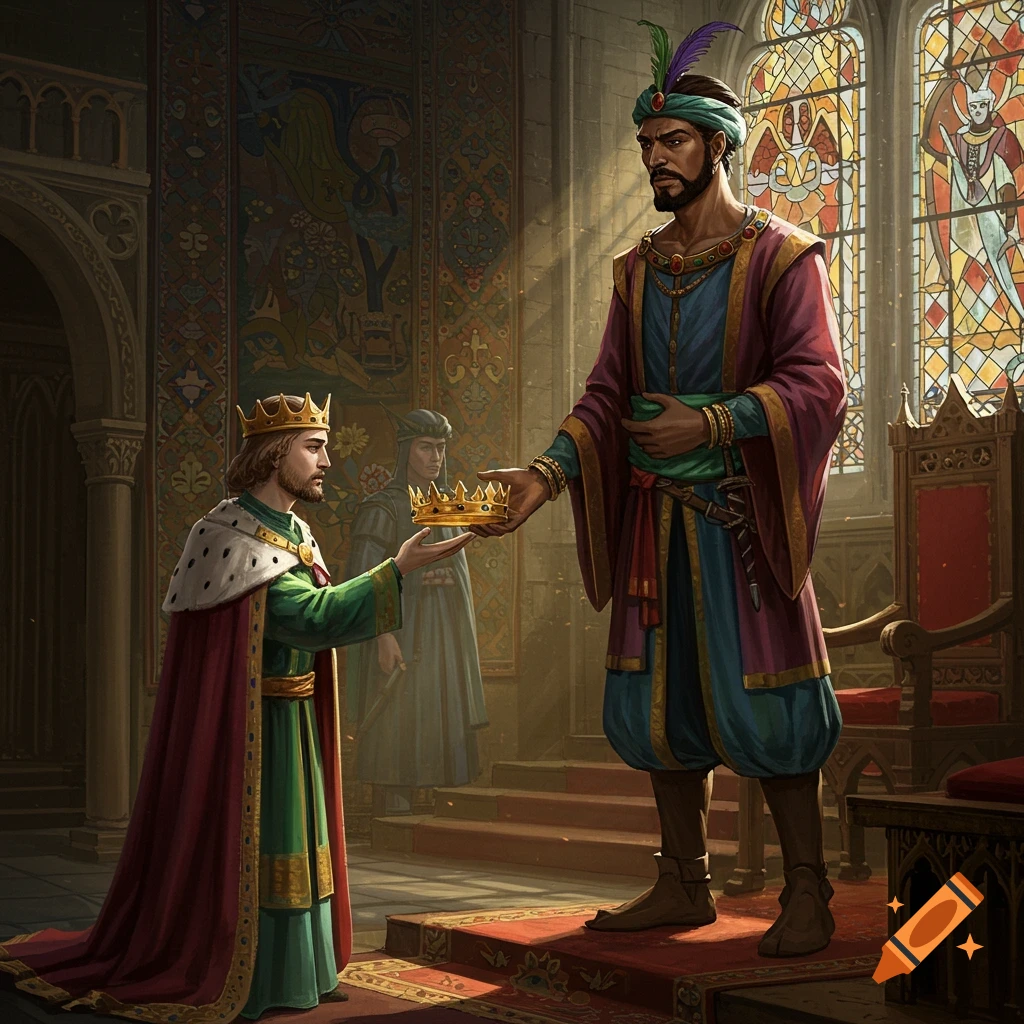 Two men in regal attire, one presenting a crown to the other, in a palace setting.