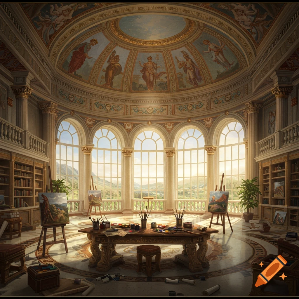 Grand room in a fantasy castle art studio with large windows, easels, and classical murals.