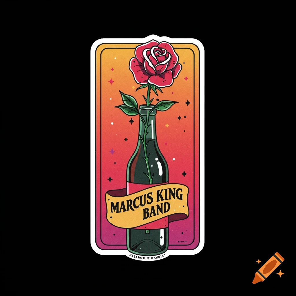 80s style sticker with a rose in a bottle and the text 'Marcus King Band'.