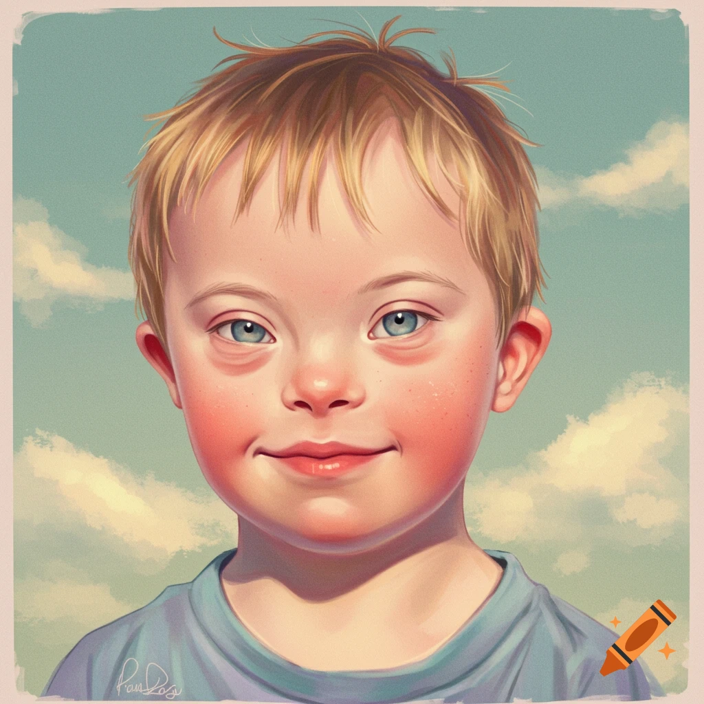 Portrait of a young boy with Down syndrome, smiling with rosy cheeks against a cloudy background.