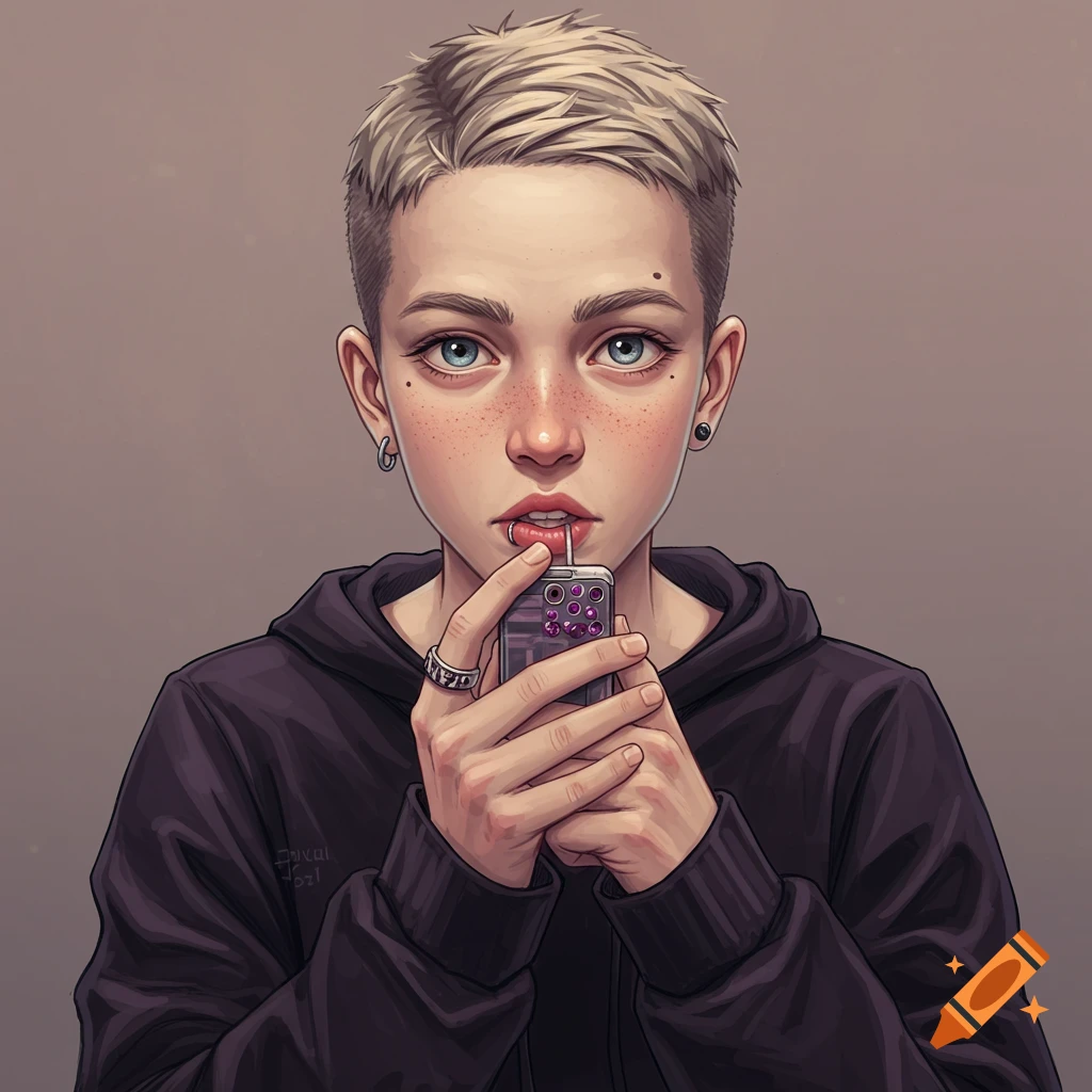 Illustration of a young person with short blonde hair and freckles, holding a phone like a straw, wearing a black hoodie.