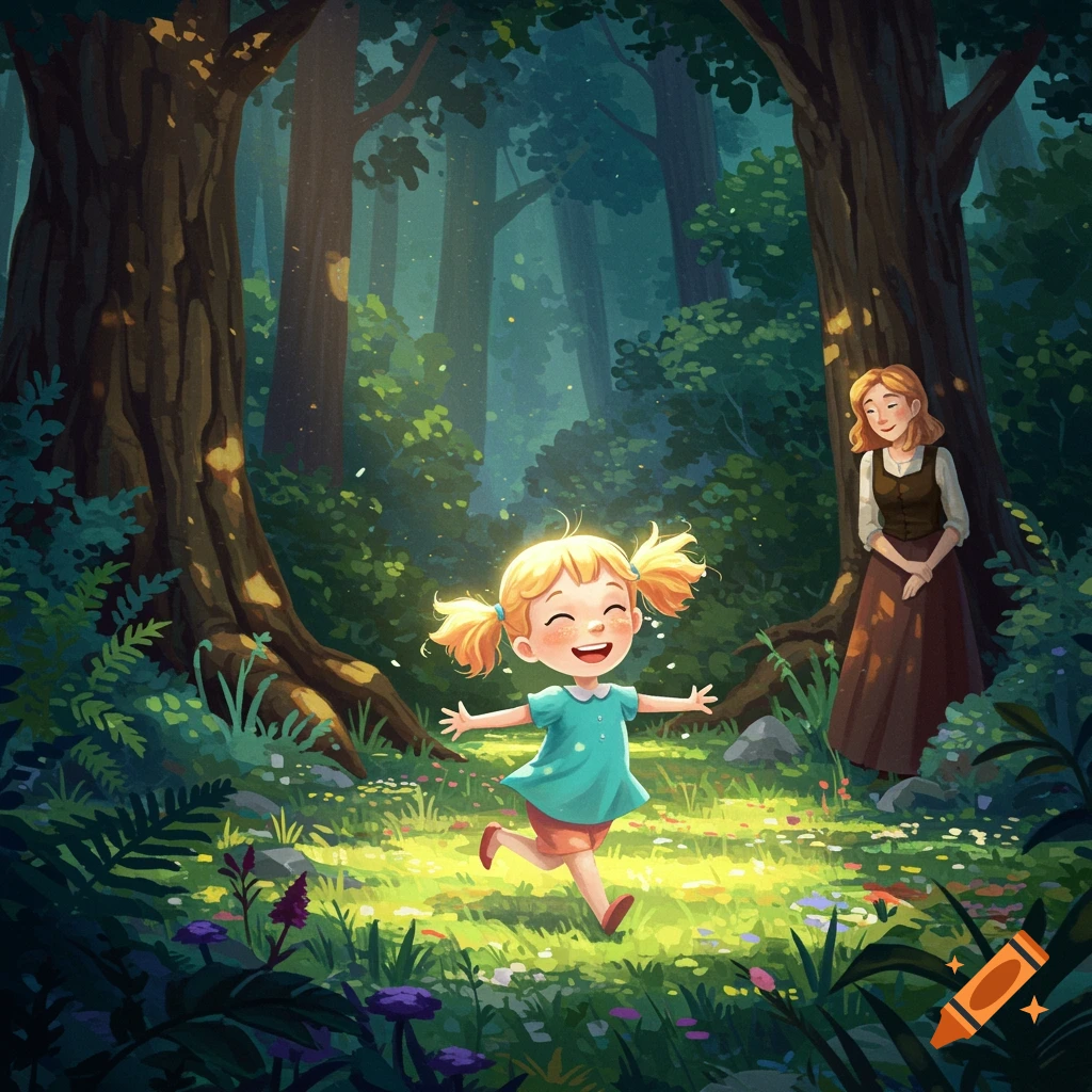 A girl with pigtails runs joyfully in a sunlit forest clearing as her mother watches with a smile.
