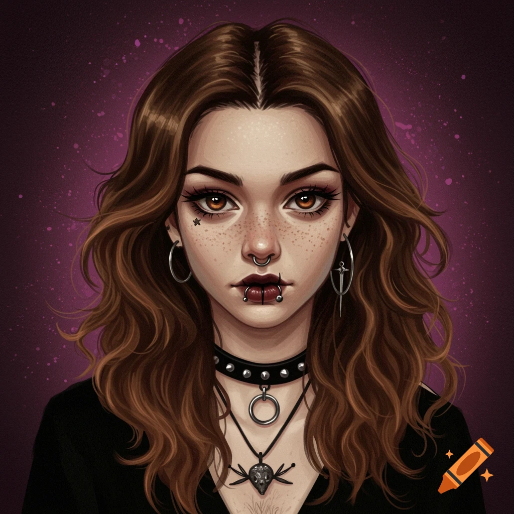 A young woman with wavy brown hair, dark eyes, freckles, facial piercings, a studded choker, and gothic style necklaces.