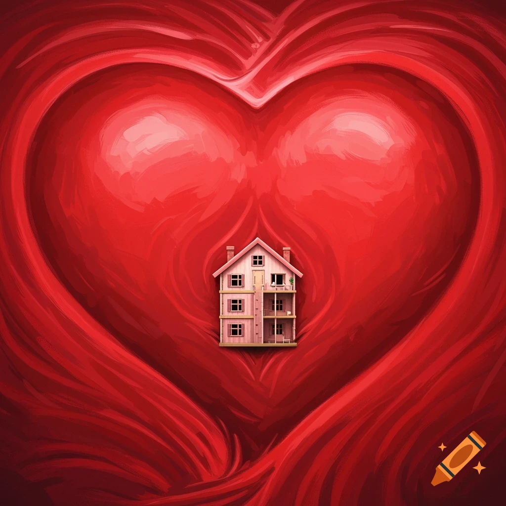 A large, red heart with a small dollhouse in the center.