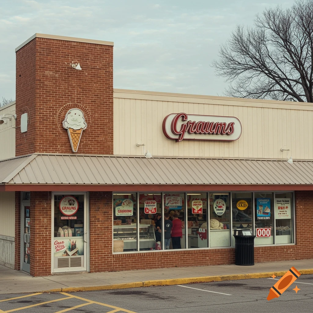 A photo of the exterior of an ice cream store called "Graums" under a cloudy sky.
