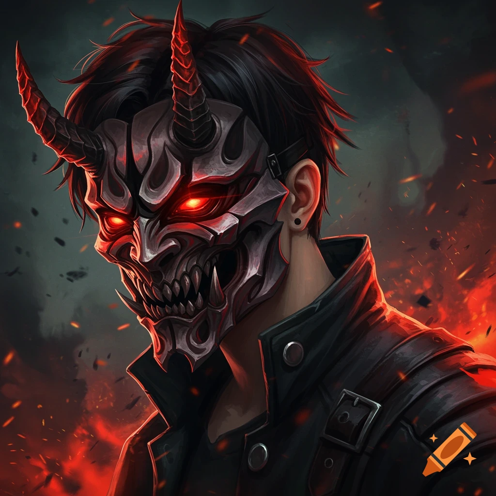 A man wearing a red-eyed demon mask with horns, in a dark, fiery setting