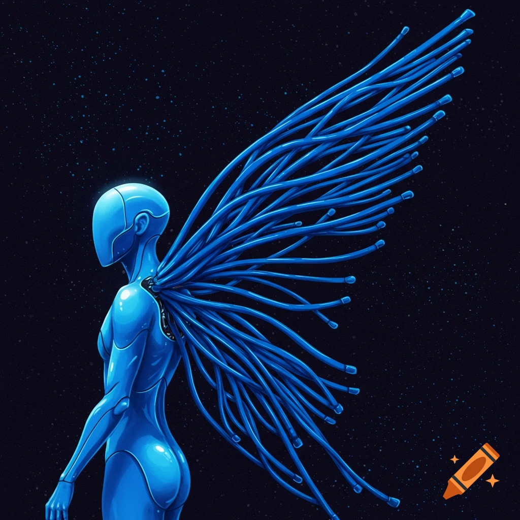 A blue cyborg figure with cable wings against a starry sky.