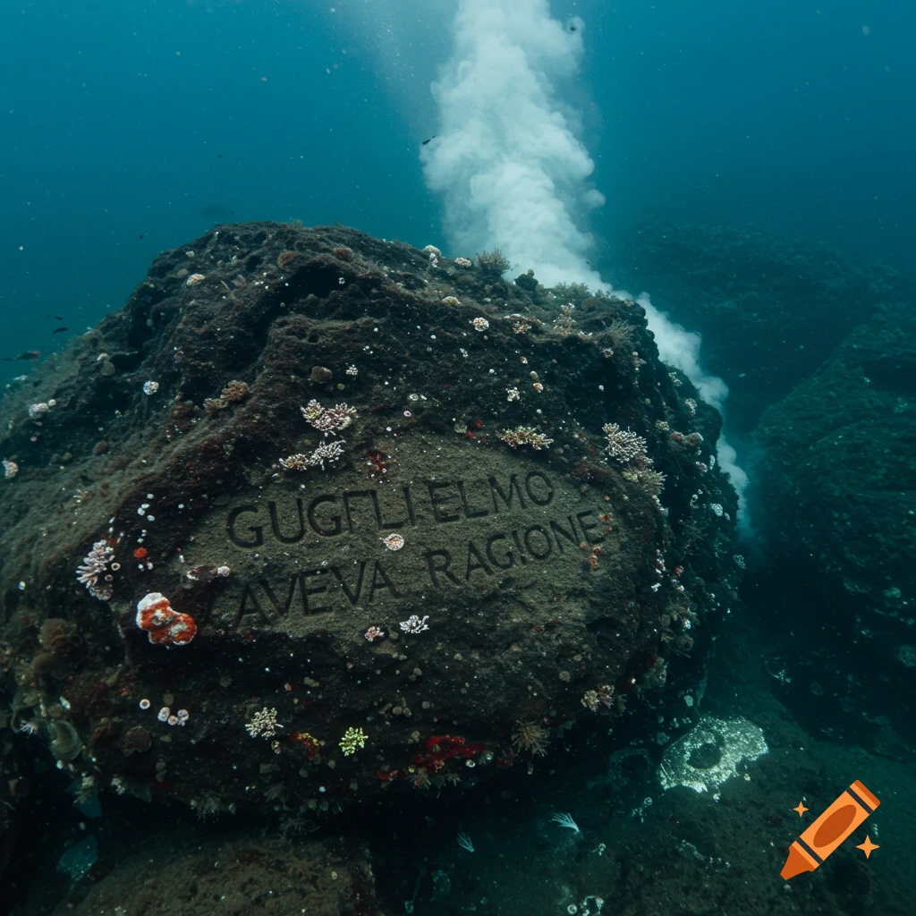 Underwater photo of a rock with 'GUGLIELMO AVEVA RAGIONE' carved into it near a hydrothermal vent.