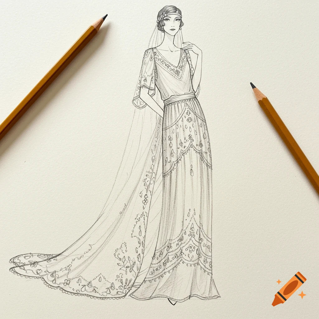 Sketch of a woman wearing a 1920s style wedding dress and veil with pencils.