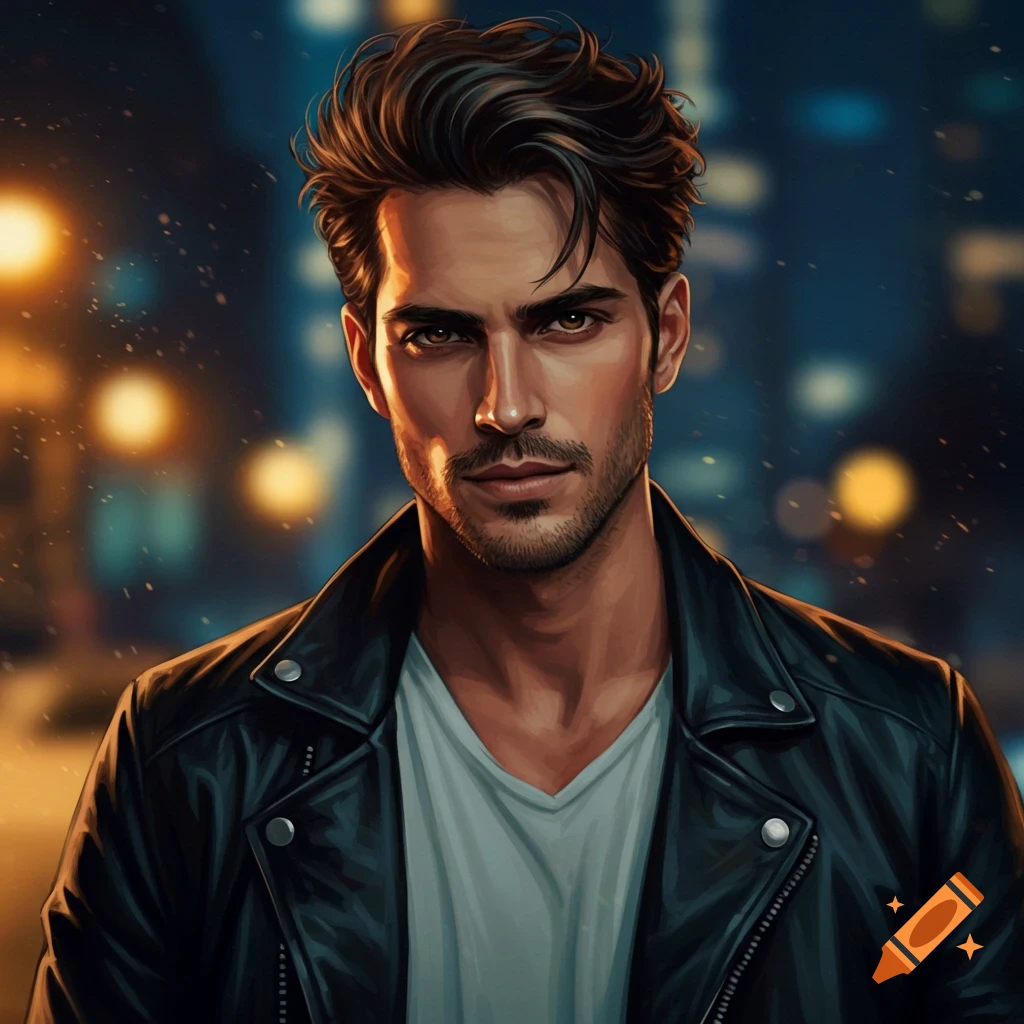 A handsome man with dark hair and eyes in a leather jacket against a blurred city night background.